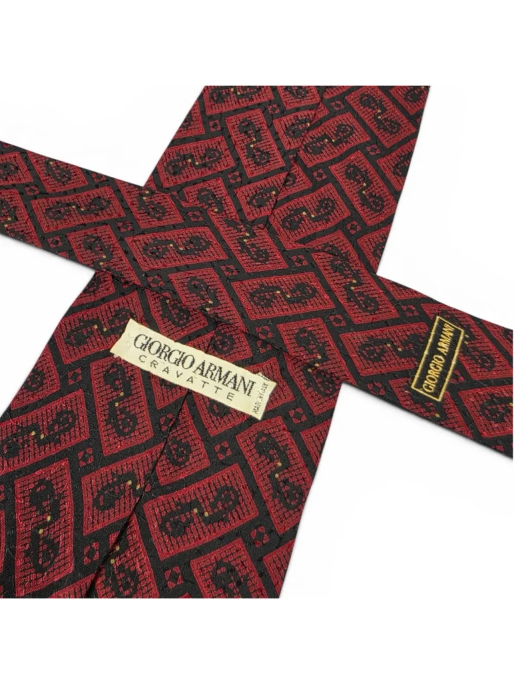 Vintage Giorgio Armani Cravatte Silk Necktie Red Black Paisley Geometric